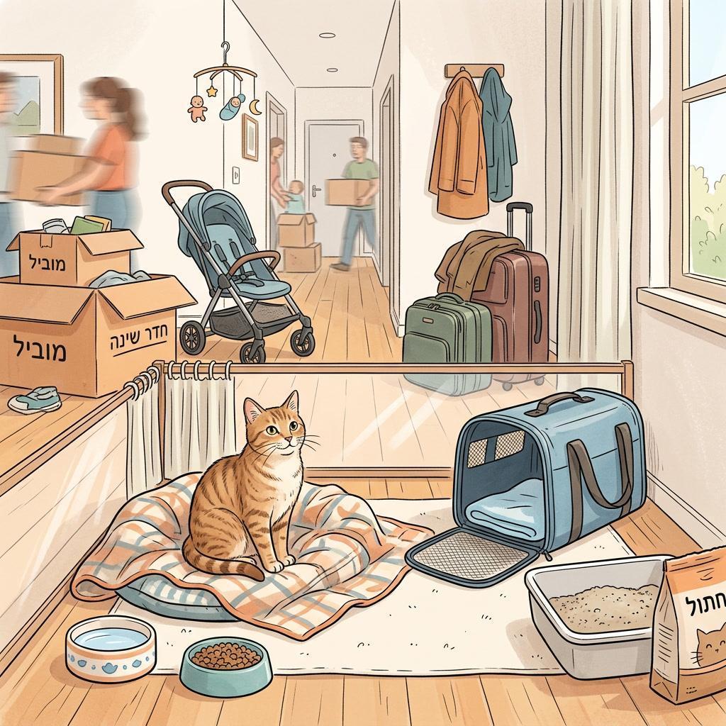 חתול עם פינת מקלט מסודרת בבית שעובר שינוי, עם מנשא פתוח ומשאבים מוכרים.